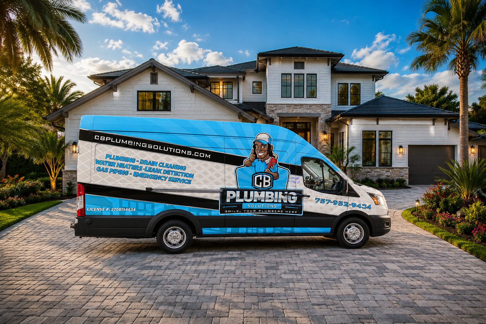 CB Plumbing Solutions branded van in front of a house